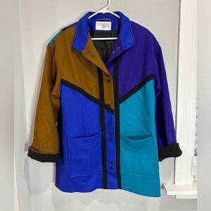 VTG 80s INTERNATIONAL SCENE Sz 7/8 Color Block 100% Wool Coat MADE IN YUGOSLAVIA